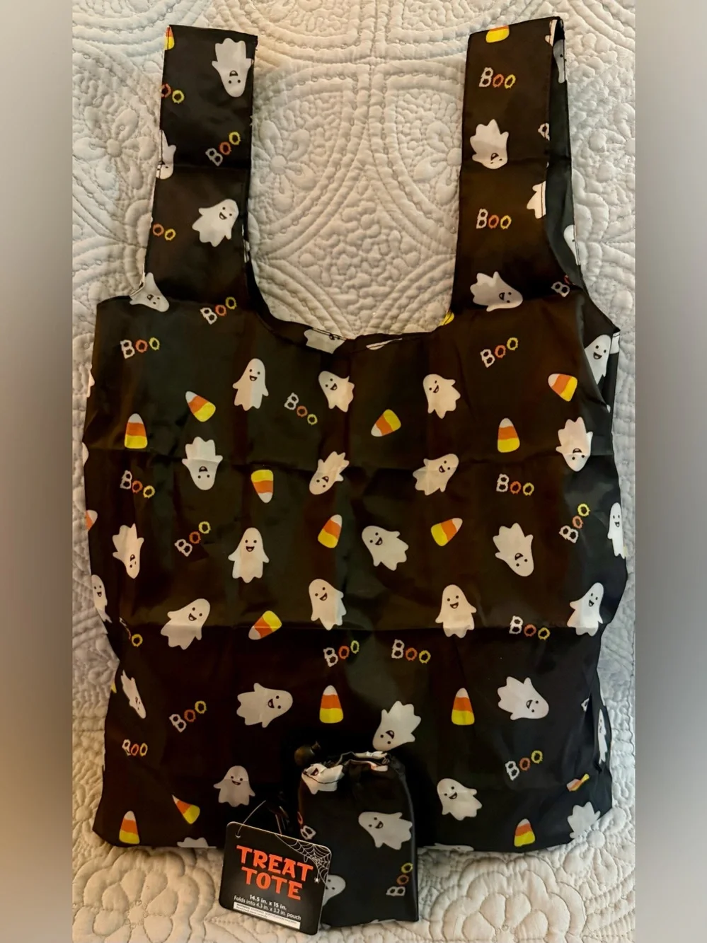 👻 Kids Halloween Tote Bag – Black Ghost & Candy Corn Print